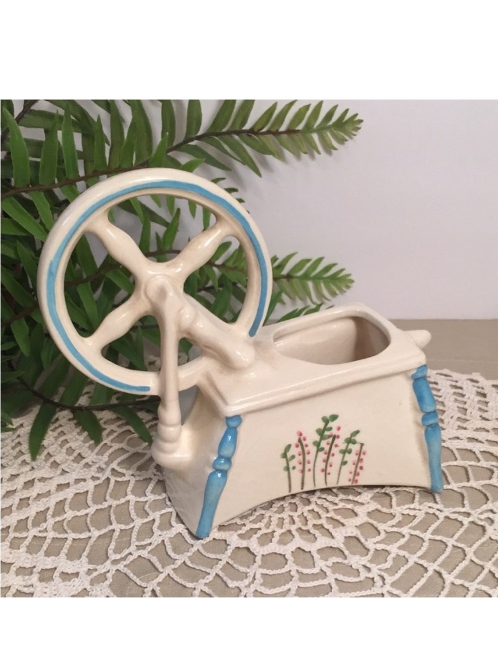 Vintage Spinning Wheel Ceramic Planter Floral Cottage Farmhouse Prairie